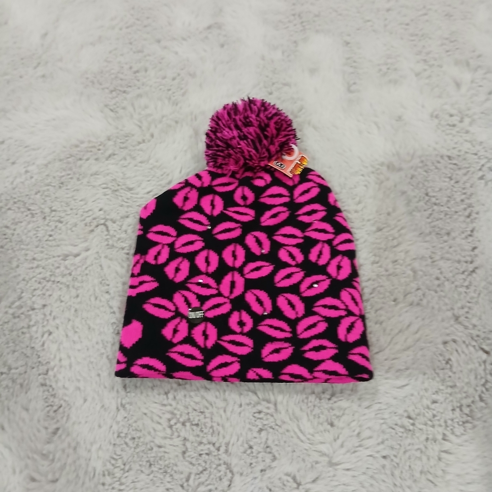 Pink and Black Patterned Beanie with Pom Pom